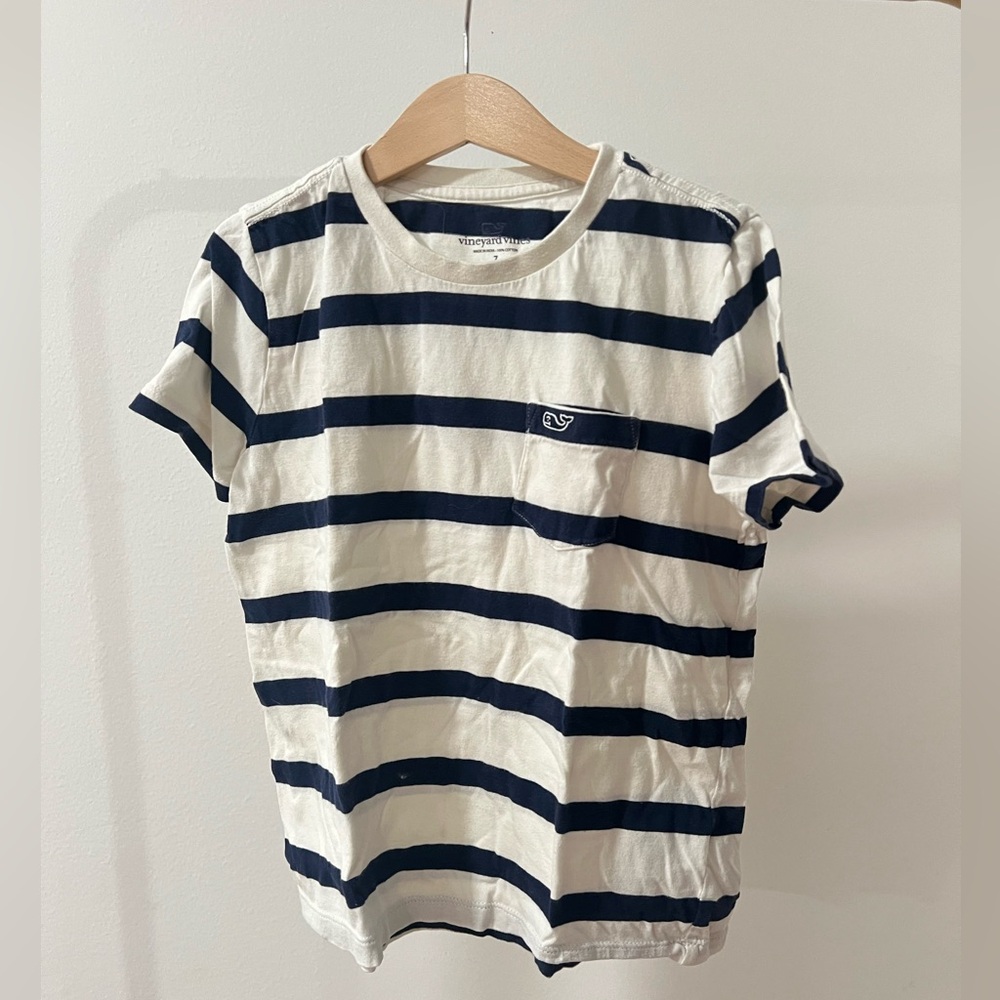 Vineyard Vines White and Navy Horizontal Stripe Pocket Tee - Picture 2 of 3